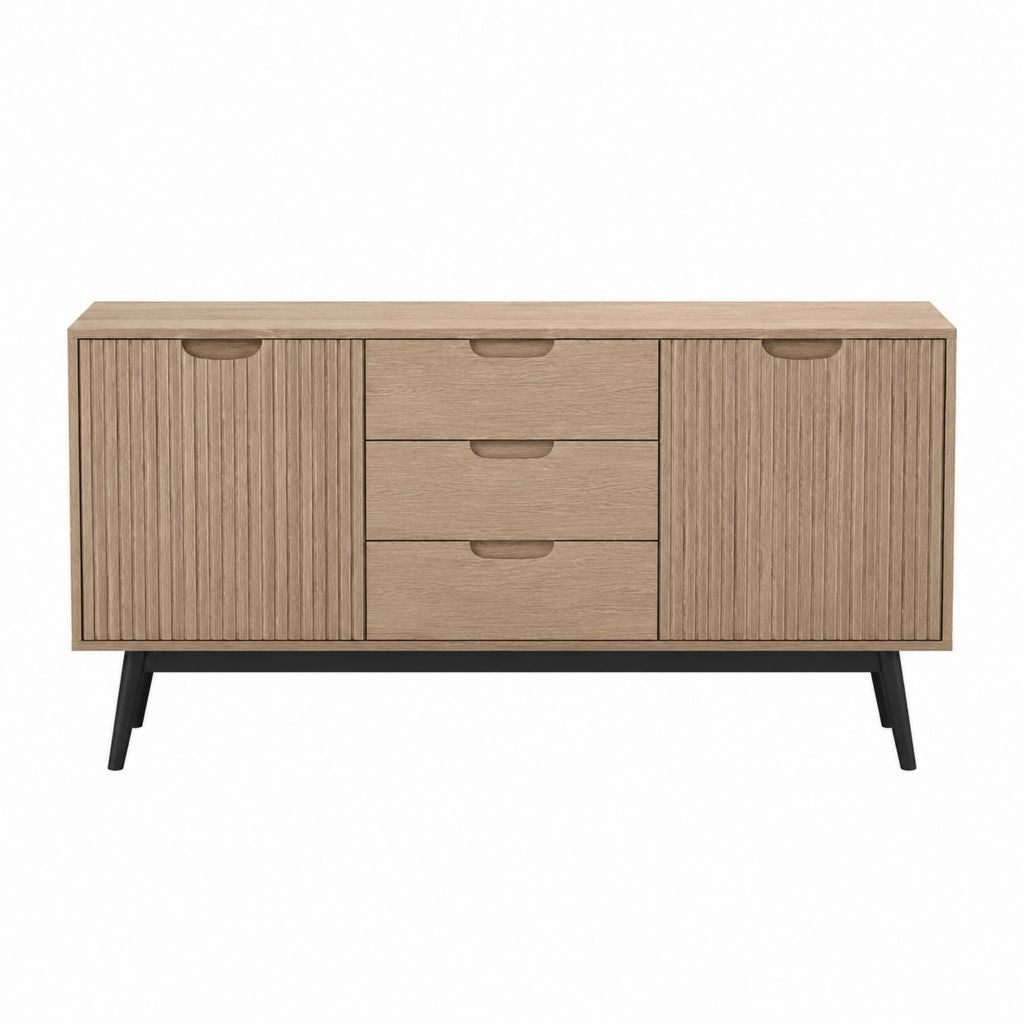 Buffet de salle à manger rectangulaire chêne clair en MDF plaqué chêne 160 x 40 x 80 cm avec 2 portes et 3 tiroirs