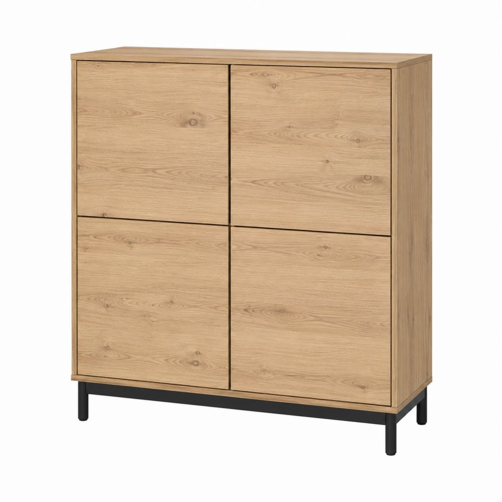Buffet haut 4 portes chêne clair et acier noir 100 x 40 x 120 cm