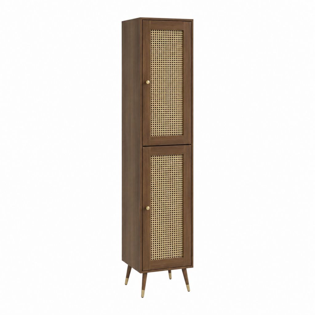 Buffet colonne 2 portes brun noyer et cannage naturel 50 x 40 x 180 cm