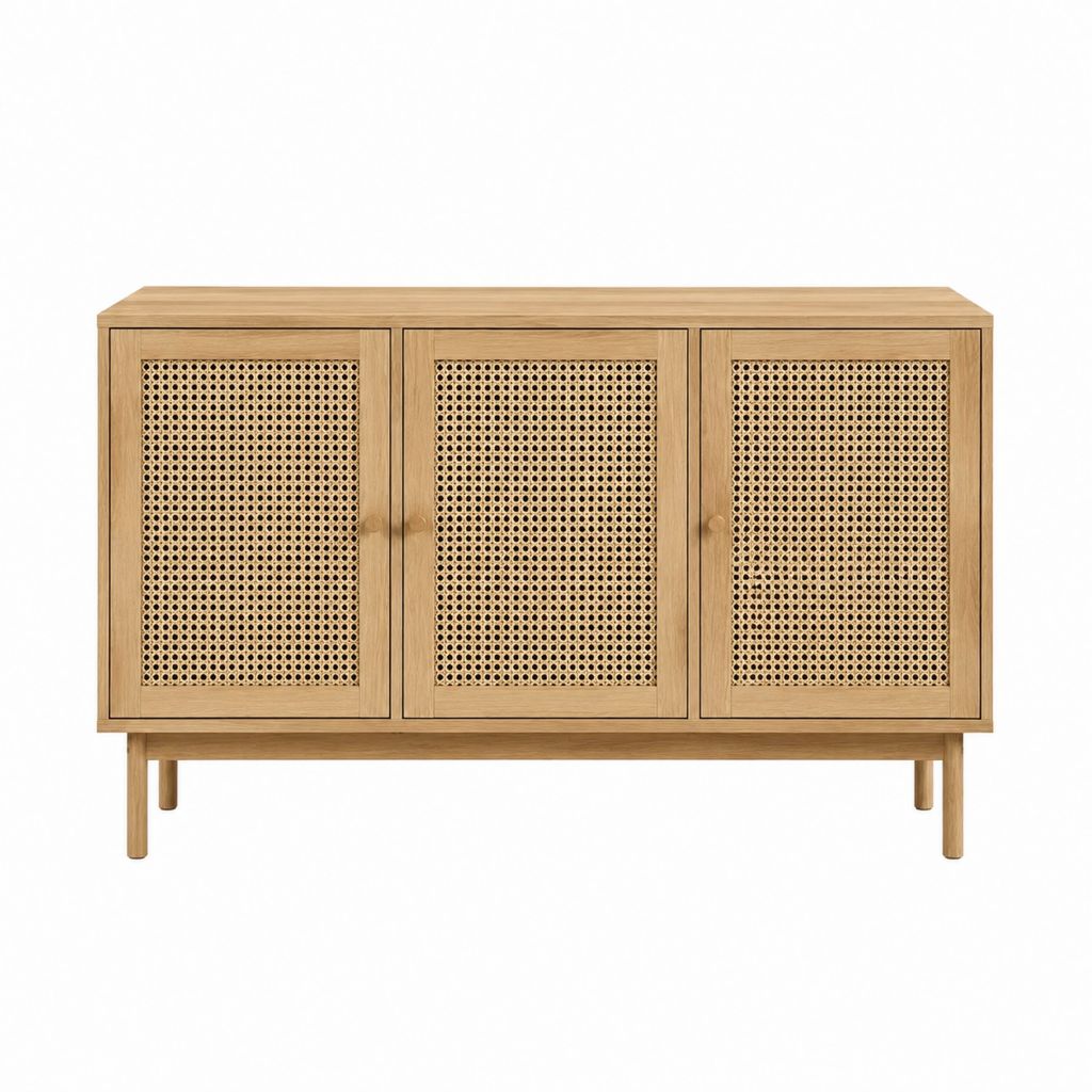 Buffet 3 portes en bois massif naturel et cannage en rotin 120 x 40 x 80 cm