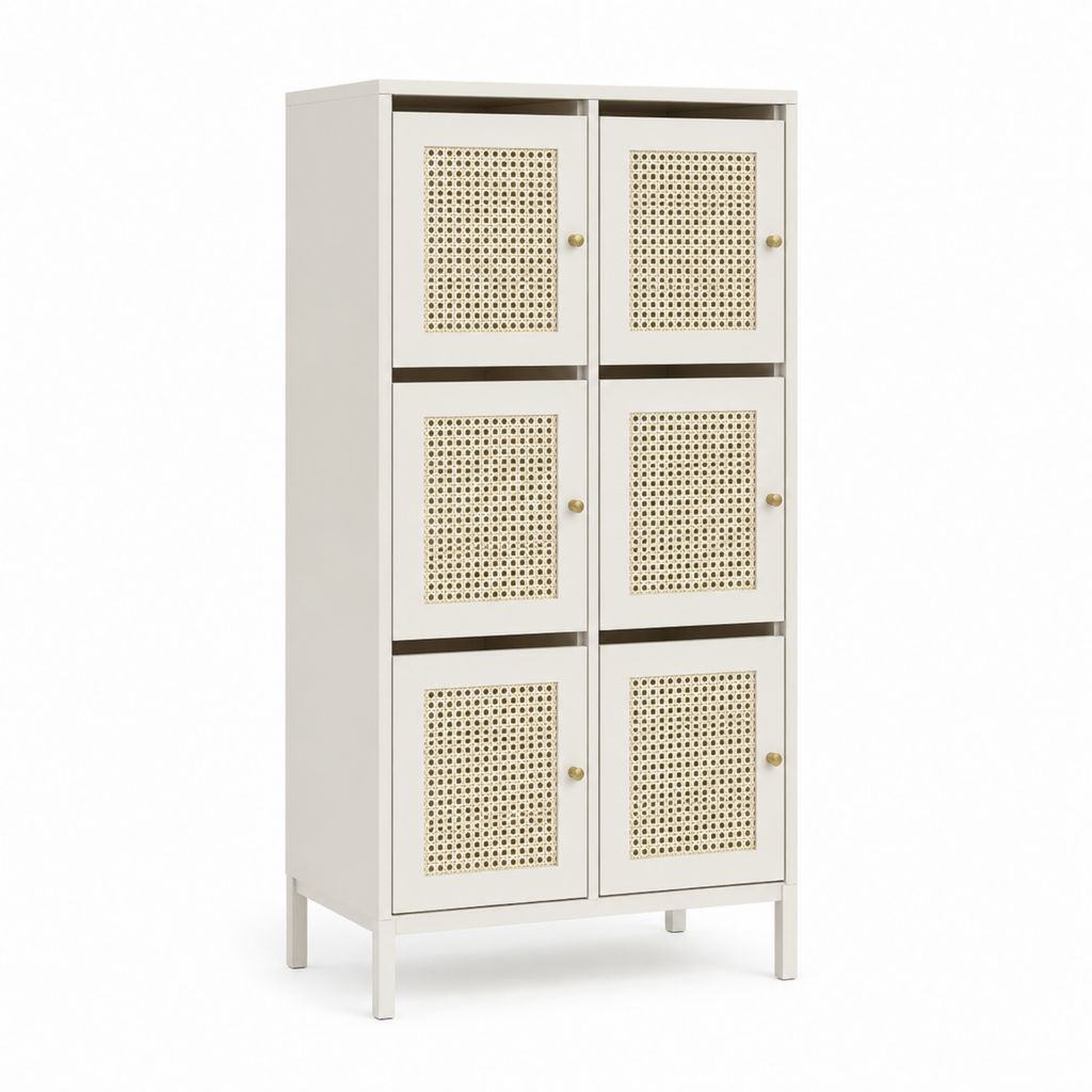 Buffet de rangement 6 portes blanc en panneaux MDF et cannage 80 x 40 x 180 cm