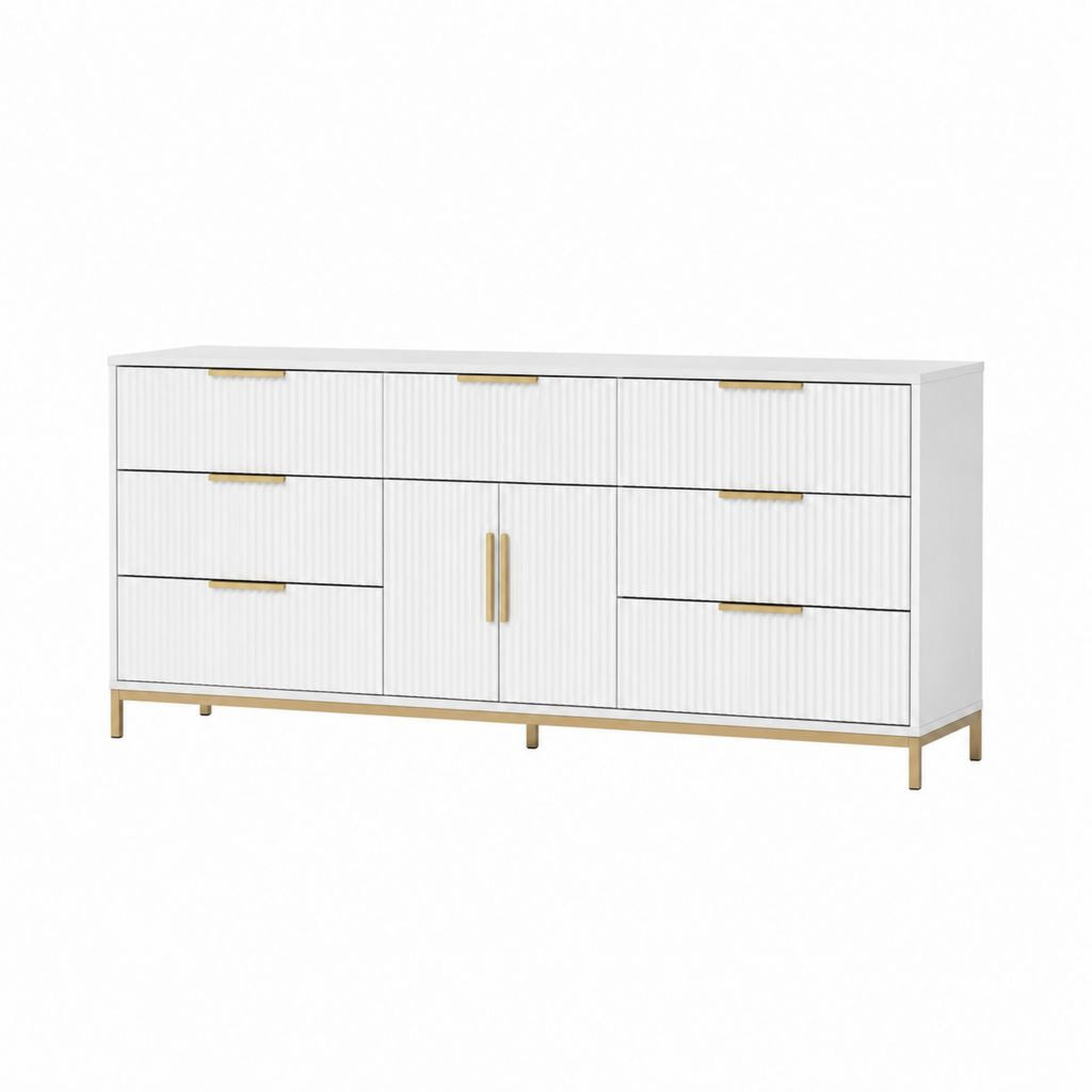 Buffet de rangement blanc en MDF rectangulaire avec 7 tiroirs et 2 portes 160 x 40 x 85 cm
