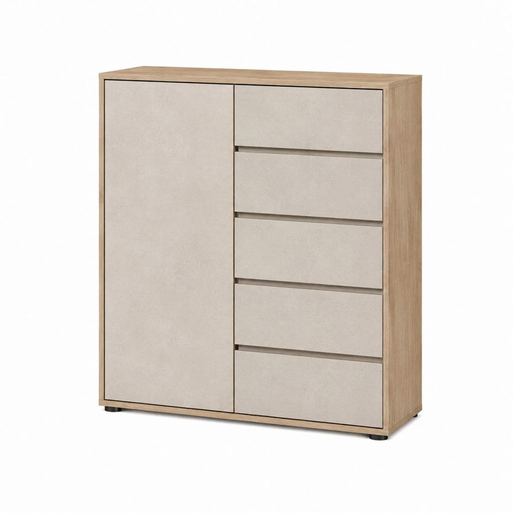 Buffet de rangement 1 porte 5 tiroirs chêne clair et beige en panneaux de particules mélaminés 100 x 40 x 100 cm
