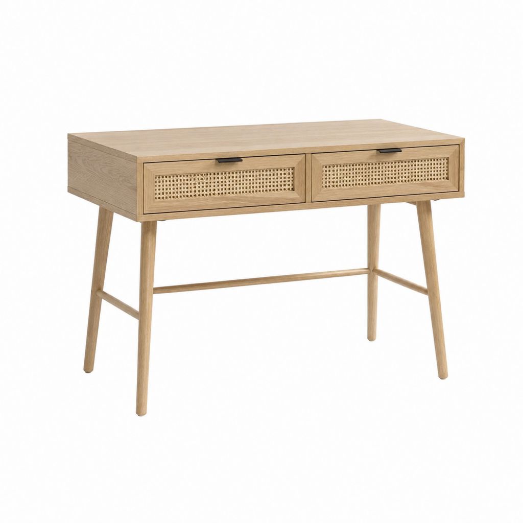 Console bureau avec 2 tiroirs chêne naturel et cannage en rotin 100 x 45 x 76 cm
