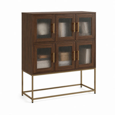 Buffet de salle à manger rectangulaire 6 portes brun noyer en MDF et verre strié 120 x 40 x 145 cm