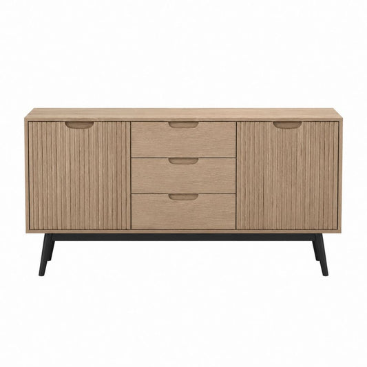 Buffet de salle à manger rectangulaire chêne clair en MDF plaqué chêne 160 x 40 x 80 cm avec 2 portes et 3 tiroirs