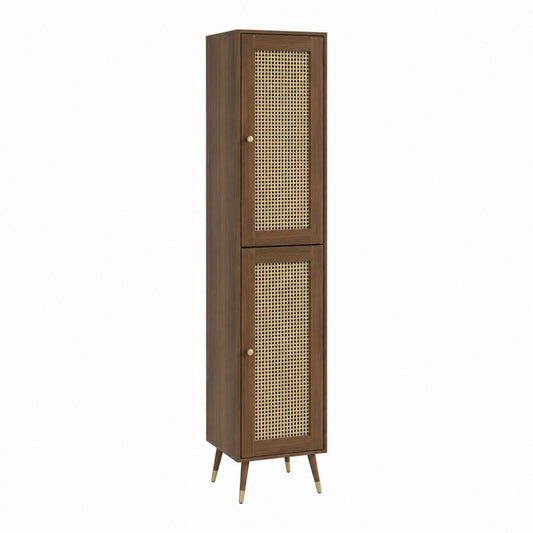 Buffet colonne 2 portes brun noyer et cannage naturel 50 x 40 x 180 cm