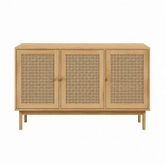 Buffet 3 portes en bois massif naturel et cannage en rotin 120 x 40 x 80 cm
