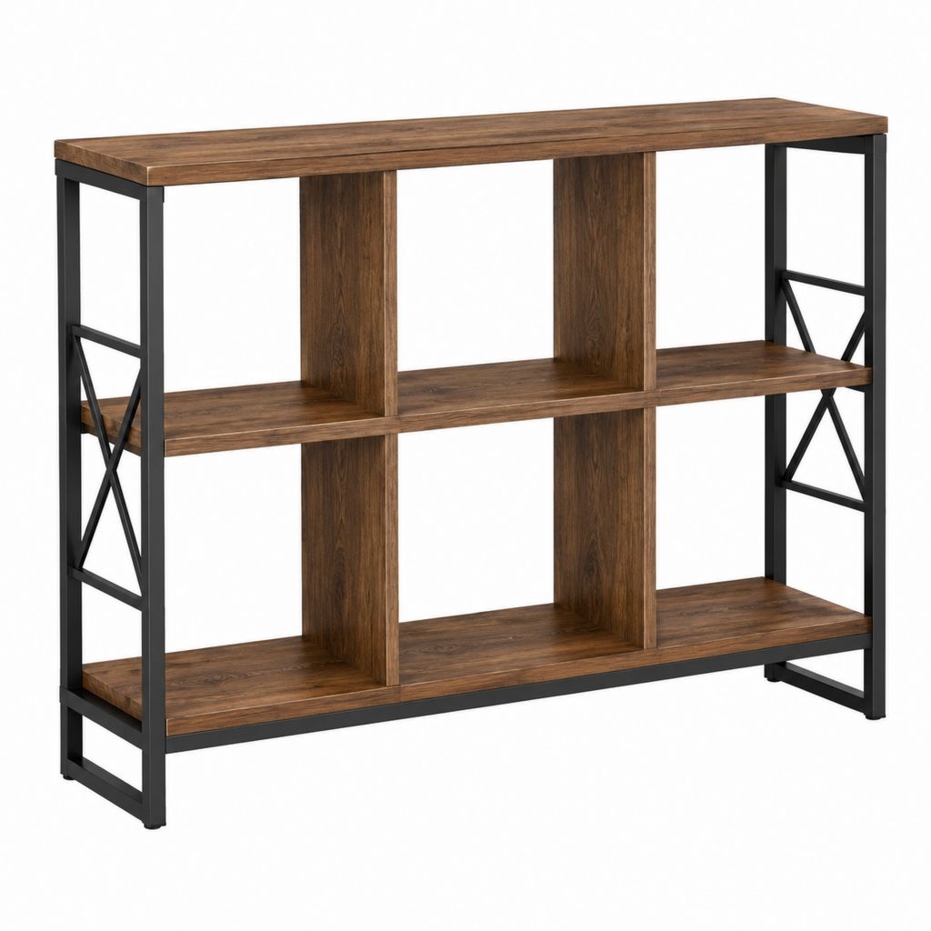 Buffet ouvert 6 niches marron foncé en panneaux de particules et acier 120 x 35 x 100 cm