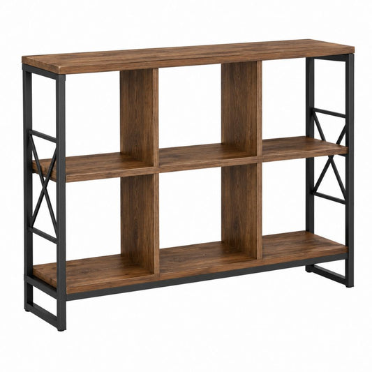 Buffet ouvert 6 niches marron foncé en panneaux de particules et acier 120 x 35 x 100 cm