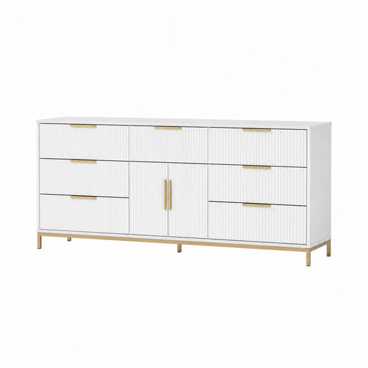 Buffet de rangement blanc en MDF rectangulaire avec 7 tiroirs et 2 portes 160 x 40 x 85 cm
