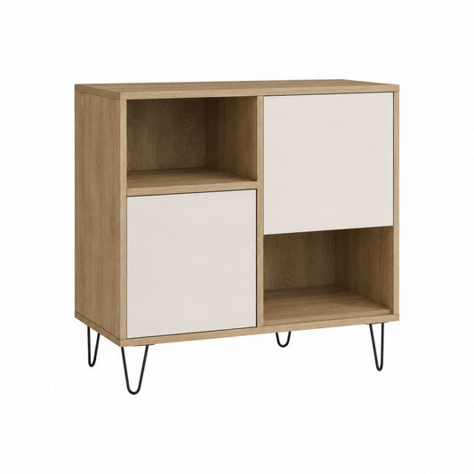 Buffet bas 2 portes avec niches chêne clair et blanc cassé en panneaux MDF 80 x 40 x 85 cm