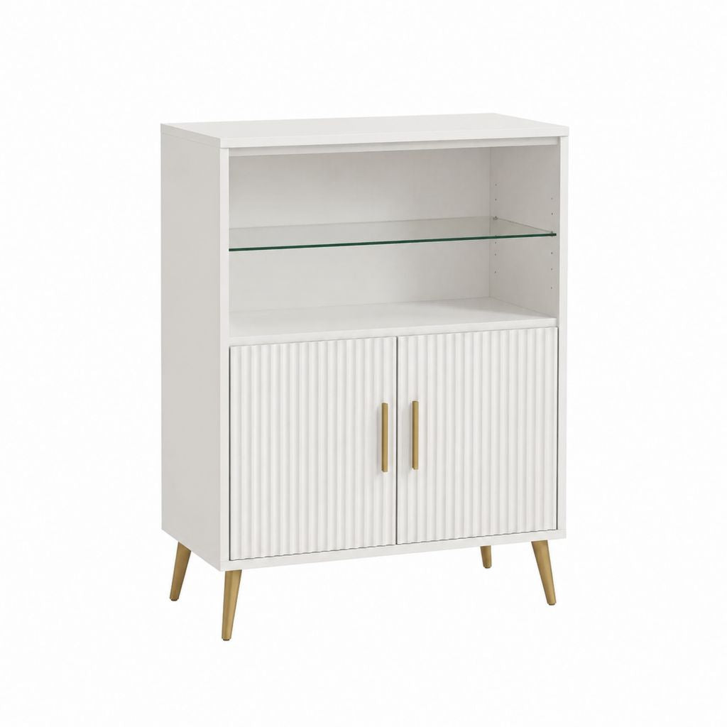 Buffet vaisselier blanc en panneaux MDF avec portes rainurées et étagère en verre 80 x 40 x 120 cm