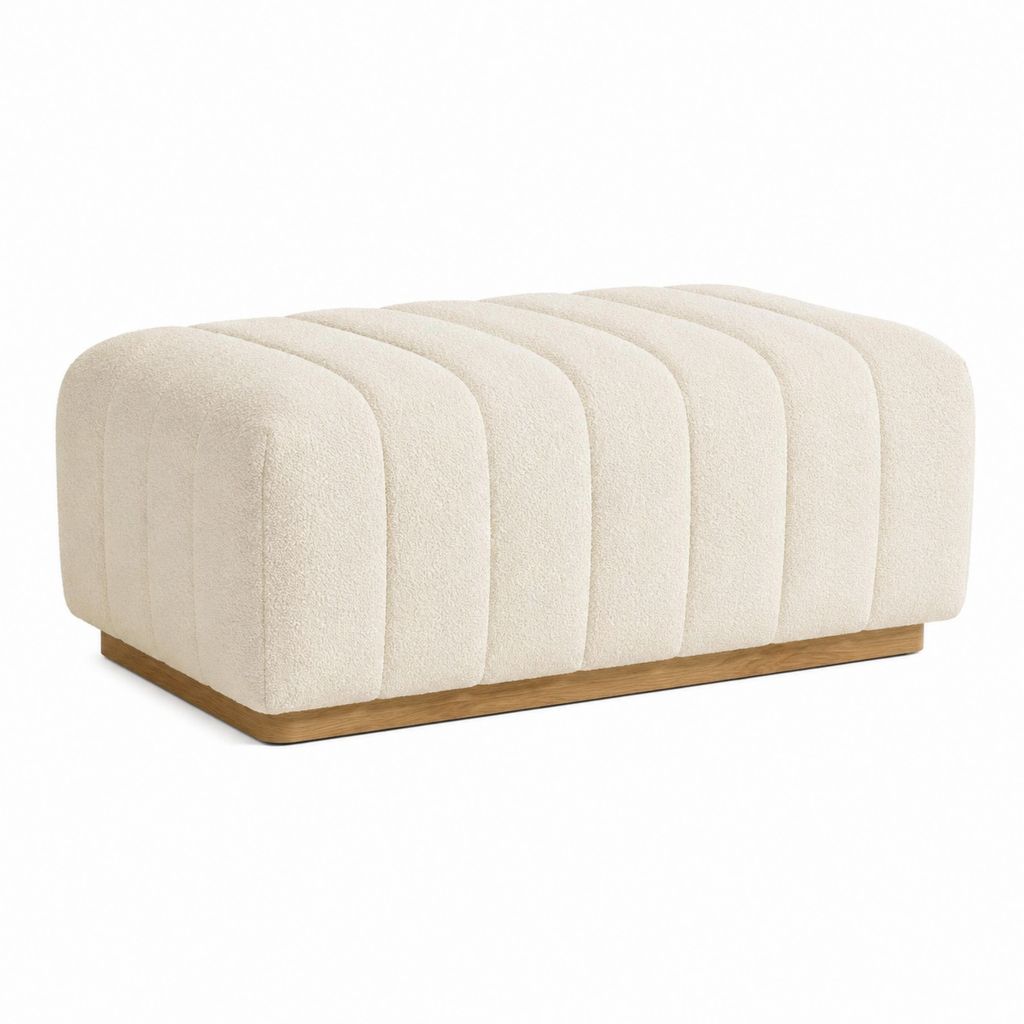 Pouf repose-pieds rectangulaire écru en polyester bouclette avec base en bois massif 120 x 70 x 45 cm