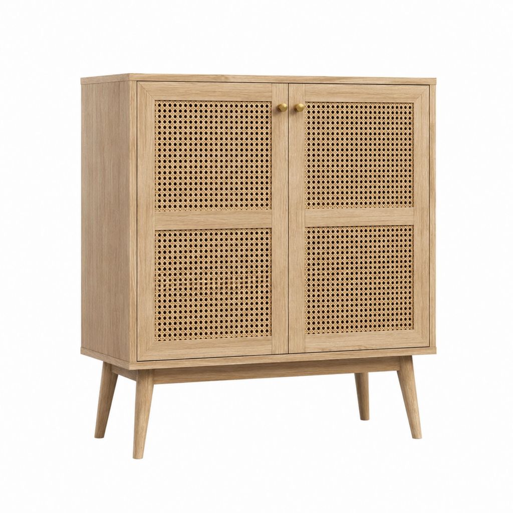 Buffet 2 portes en chêne et cannage naturel rectangulaire 100 x 40 x 120 cm