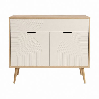 Buffet rectangulaire 2 portes 1 tiroir beige et chêne clair en MDF 120 x 40 x 90 cm