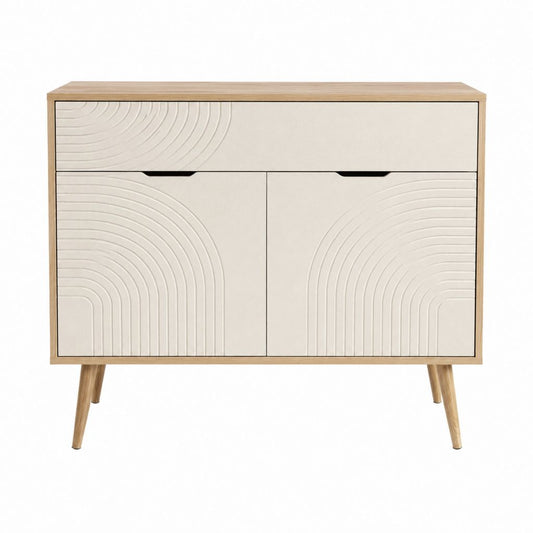 Buffet rectangulaire 2 portes 1 tiroir beige et chêne clair en MDF 120 x 40 x 90 cm