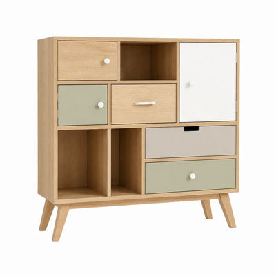 Buffet haut en panneaux de particules décor chêne avec portes tiroirs et niches 120 x 40 x 140 cm