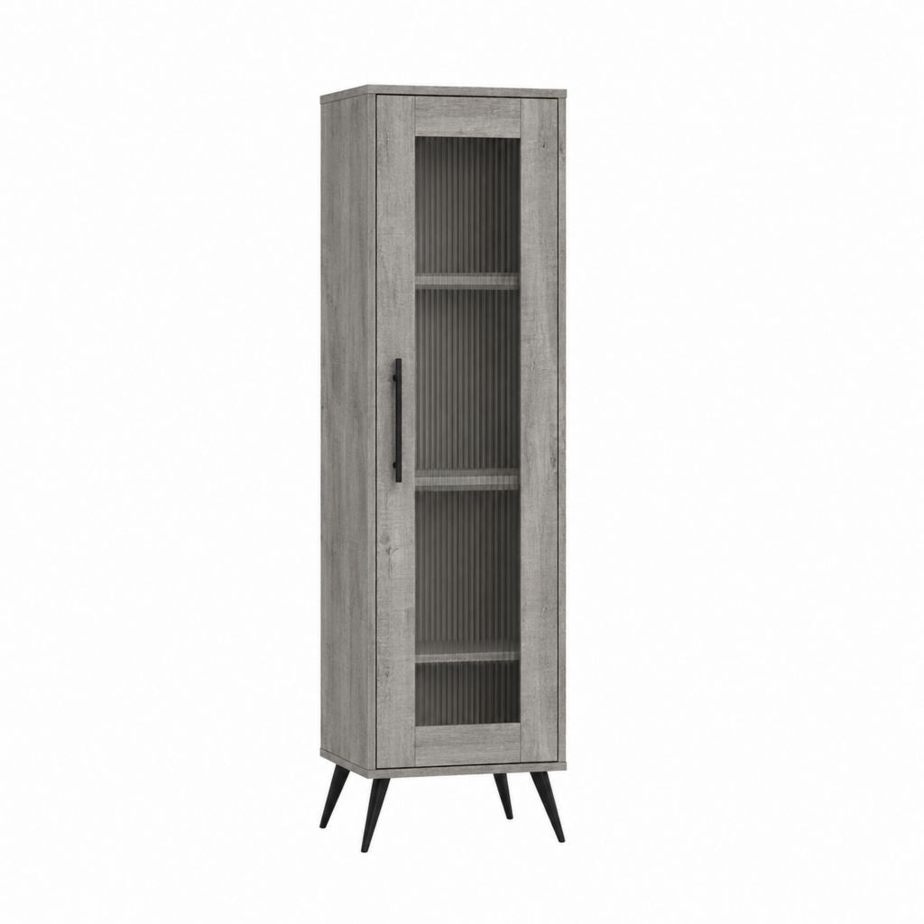 Vaisselier haut 1 porte gris en panneaux de particules et verre strié 60 x 40 x 180 cm
