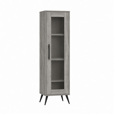Vaisselier haut 1 porte gris en panneaux de particules et verre strié 60 x 40 x 180 cm