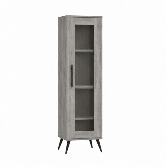 Vaisselier haut 1 porte gris en panneaux de particules et verre strié 60 x 40 x 180 cm