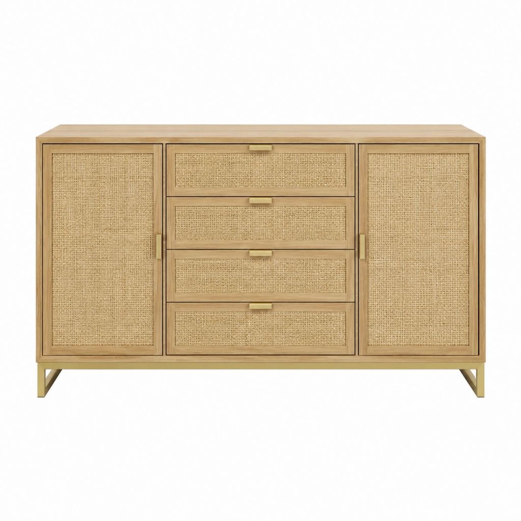Buffet rectangulaire 2 portes 4 tiroirs en bois massif de manguier et rotin naturel 150 x 45 x 85 cm