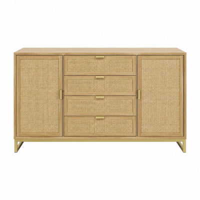 Buffet rectangulaire 2 portes 4 tiroirs en bois massif de manguier et rotin naturel 150 x 45 x 85 cm