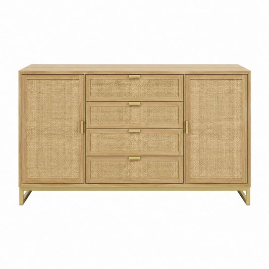 Buffet rectangulaire 2 portes 4 tiroirs en bois massif de manguier et rotin naturel 150 x 45 x 85 cm