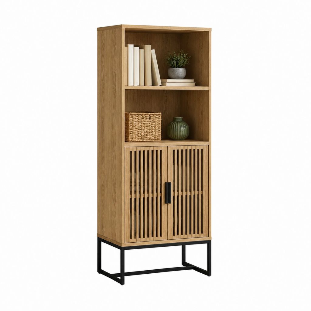 Buffet haut rectangulaire avec étagères et portes ajourées chêne et acier noir 180 x 80 x 40 cm